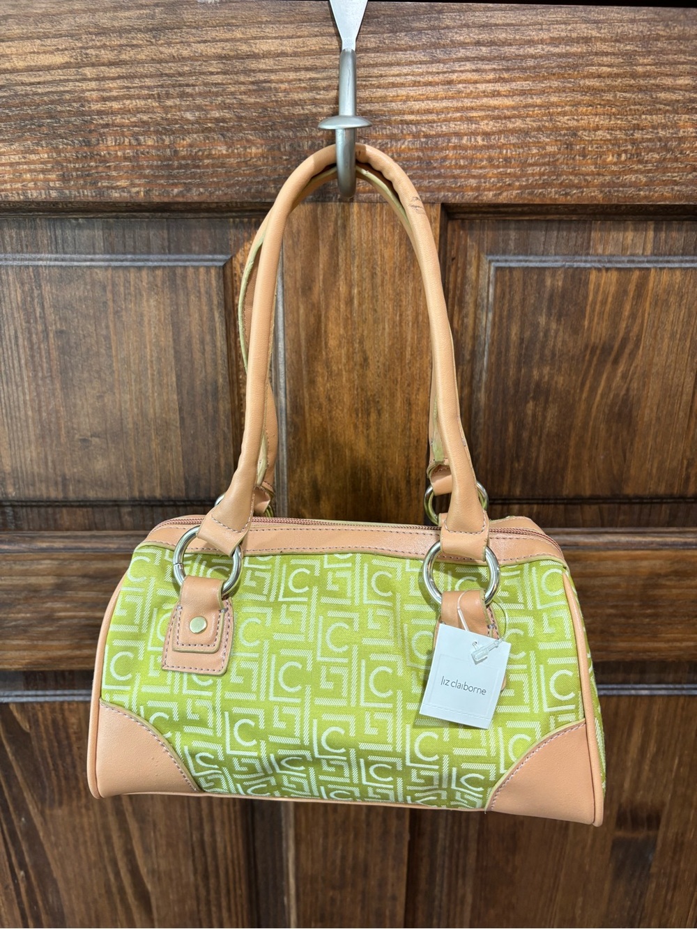 Liz Claiborne Lime Green Patterned Barrel Bag with Tan Trim